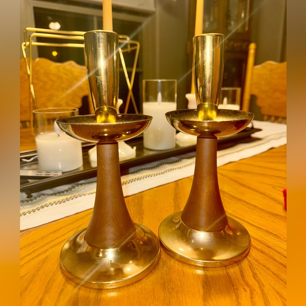 Mid Century Modern Milbern Creations Brass & Wood Candle Stick Holders Pair Set